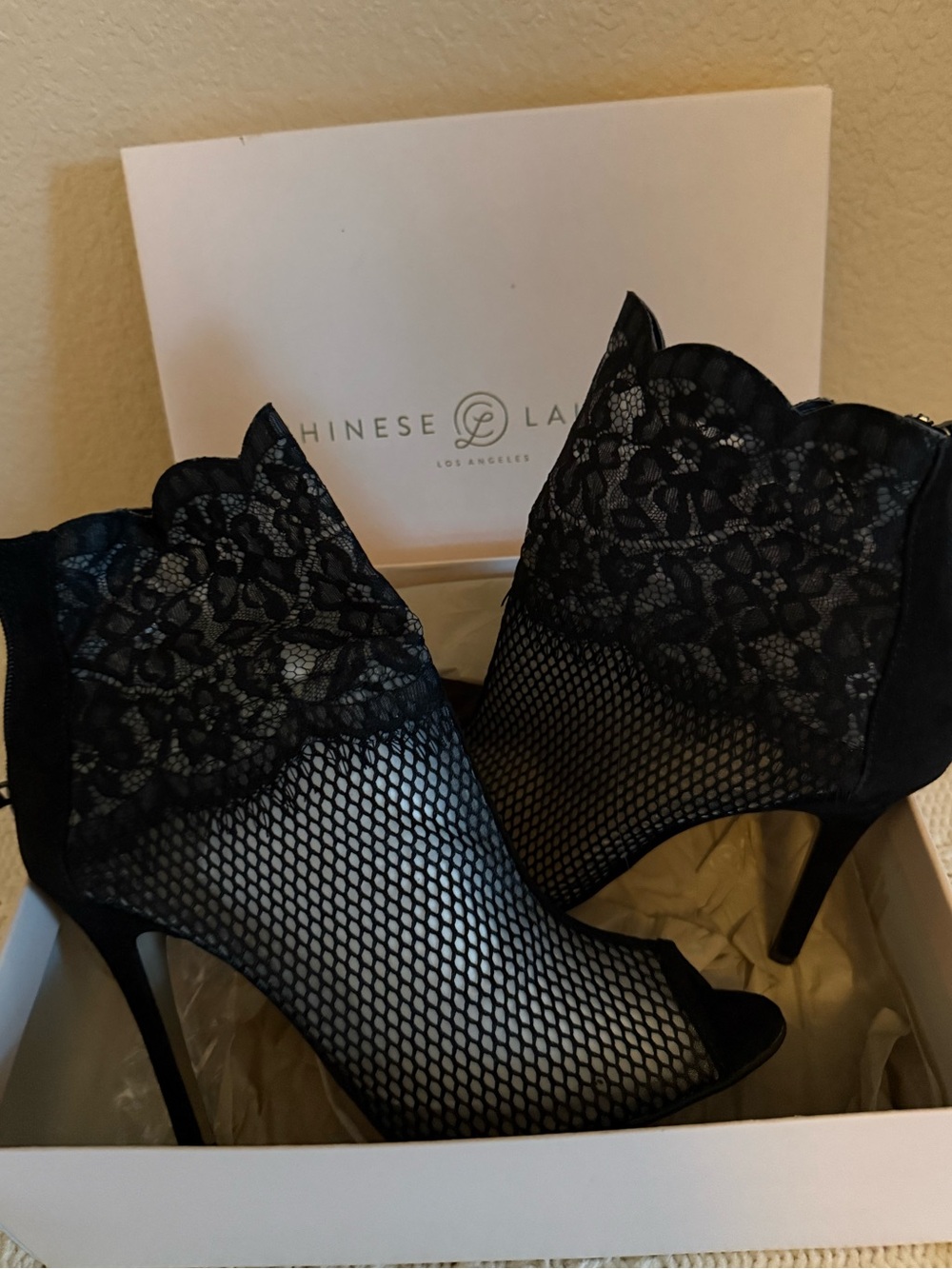 Chinese Laundry - Black Lace & Fishnet Peep-Toe Stiletto Booties